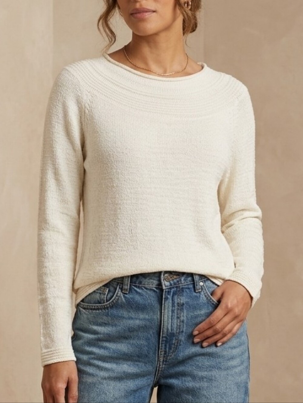 Vtg 90s Westbound Sweater L Cream Ribbed Neck Soft Cottagecore Grandmacore Retro